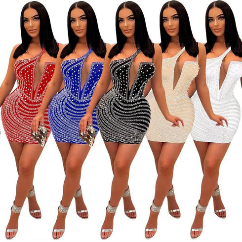 Oblique Shoulder Hot Drill Hip Bag Sleeveless Dress